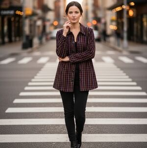 CAbi Women's Multicolor Plaid Button-up Jacket Large Buttons Front Pockets Sz S